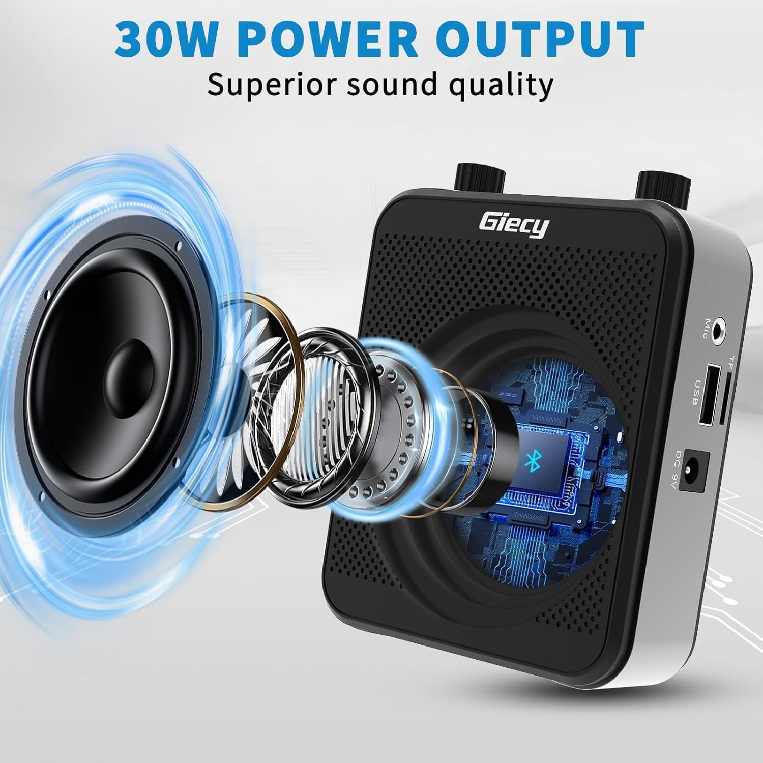 30W Portable Voice Amplifier with Wired Microphone Headset, 2800mAh Rechargeable