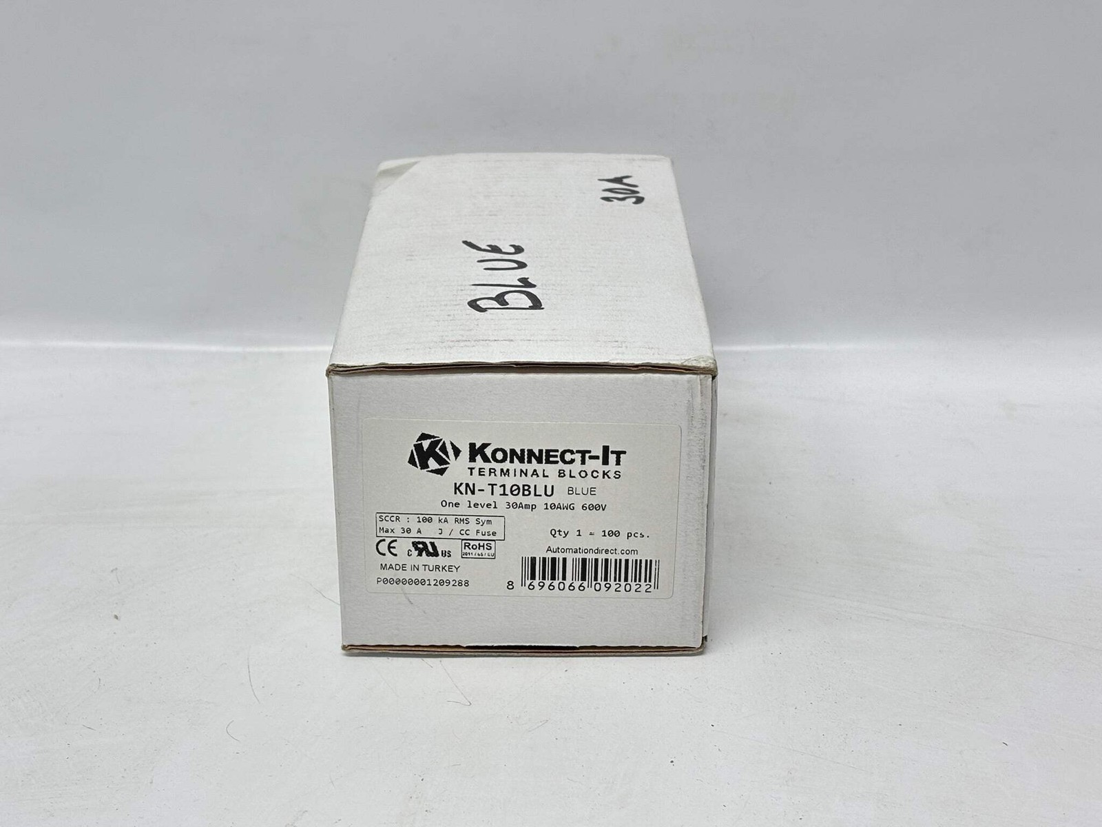 100PK Konnect‑It KN‑T10BLU Single‑Level DIN‑Rail Terminal Block, 26‑10 AWG, Blue