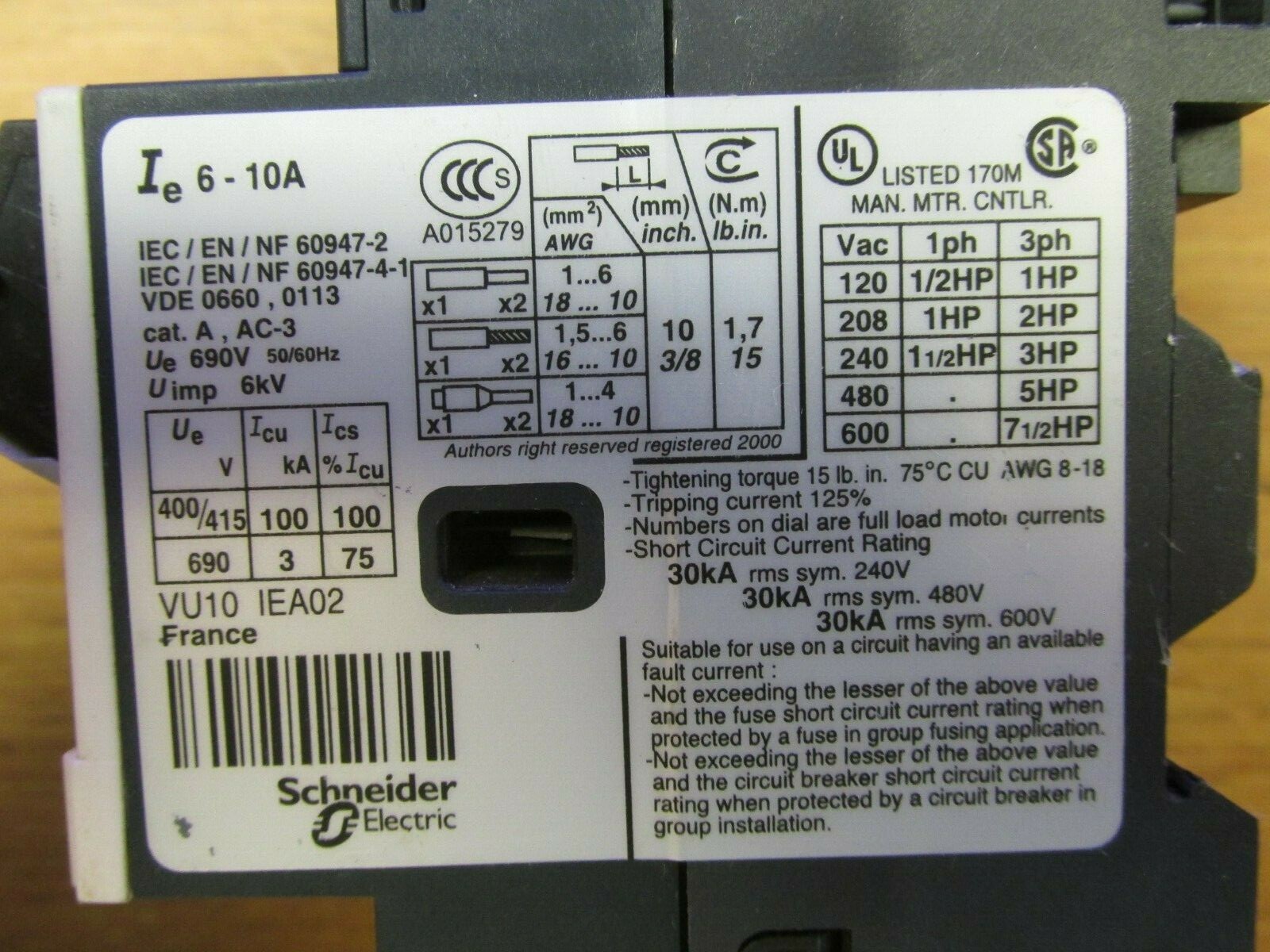 TELEMECANIQUE MOTOR PROTECTOR 6-10A, CAT# GV2ME14 … WR-36
