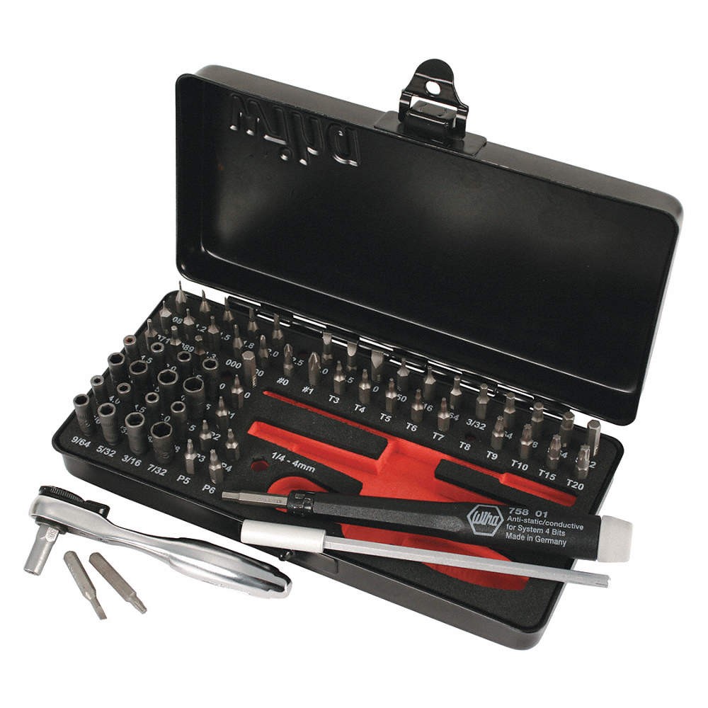 WIHA 75965 Ratchet Bit Set,65 pcs.,3/16″ Hex Shank 440A42