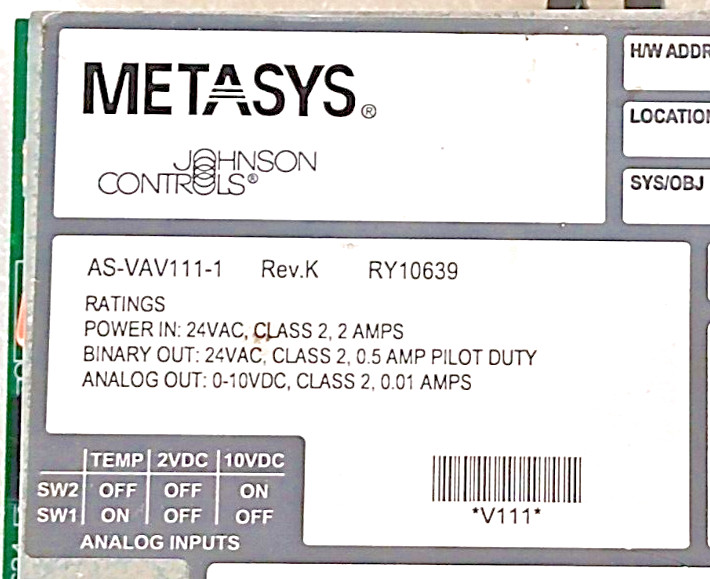 Metasys AS-VAV111-1 Variable Air Volume Digital Controller 24Vac