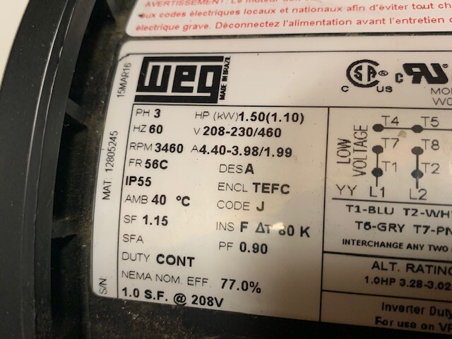 WEG Rolled Steel 3 Phase 3460 RPM Motor – 12805245 w/Warranty