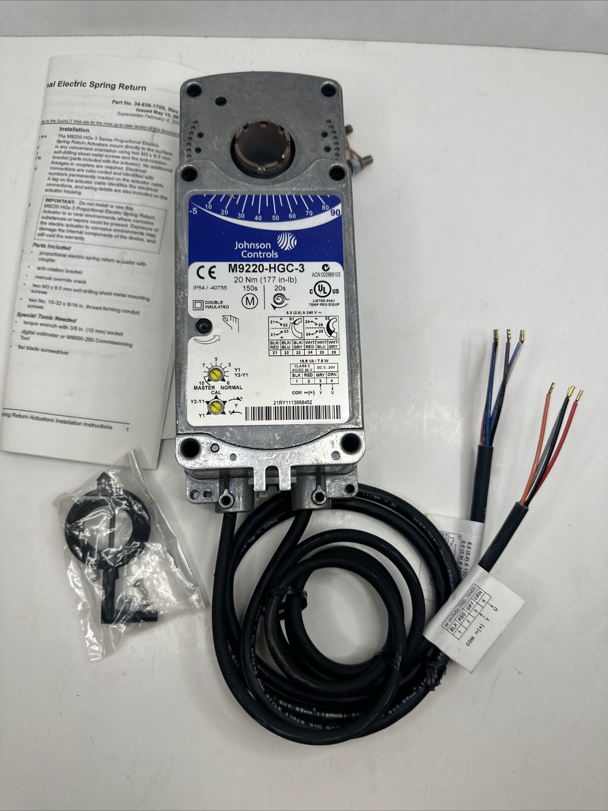 JOHNSON CONTROLS M9220-HGC-3 Rotary Actuator 24VAC 20Nm 177 in/lb Spring Return
