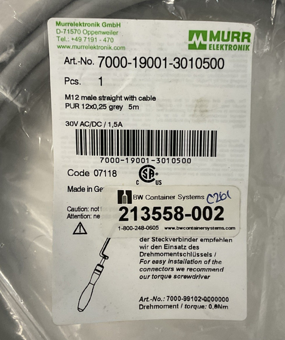 MURR ELEKTRONIK 7000-19001-3010500 CABLE M12 MALE STRAIGHT 5M