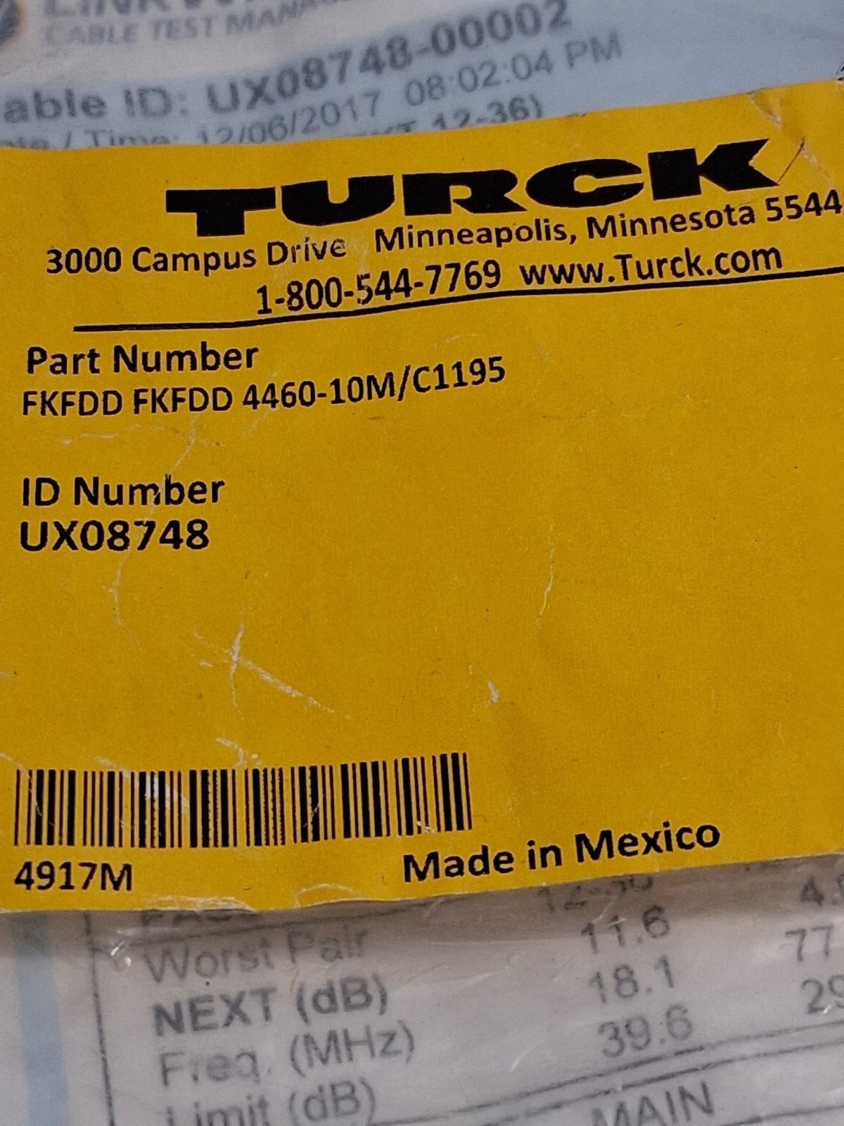 TURCK FKFDD FKFDD 4460-10M/C1195 CORDSET (UX08748) ETHERNET BULKHEAD CONN NIB