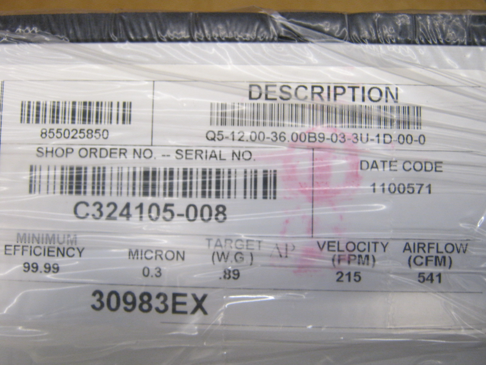 LAB PRODUCTS INC 855025850 AIR FILTER UNIT Q5-12.00-36.00B9-03-3U-1D-00-0
