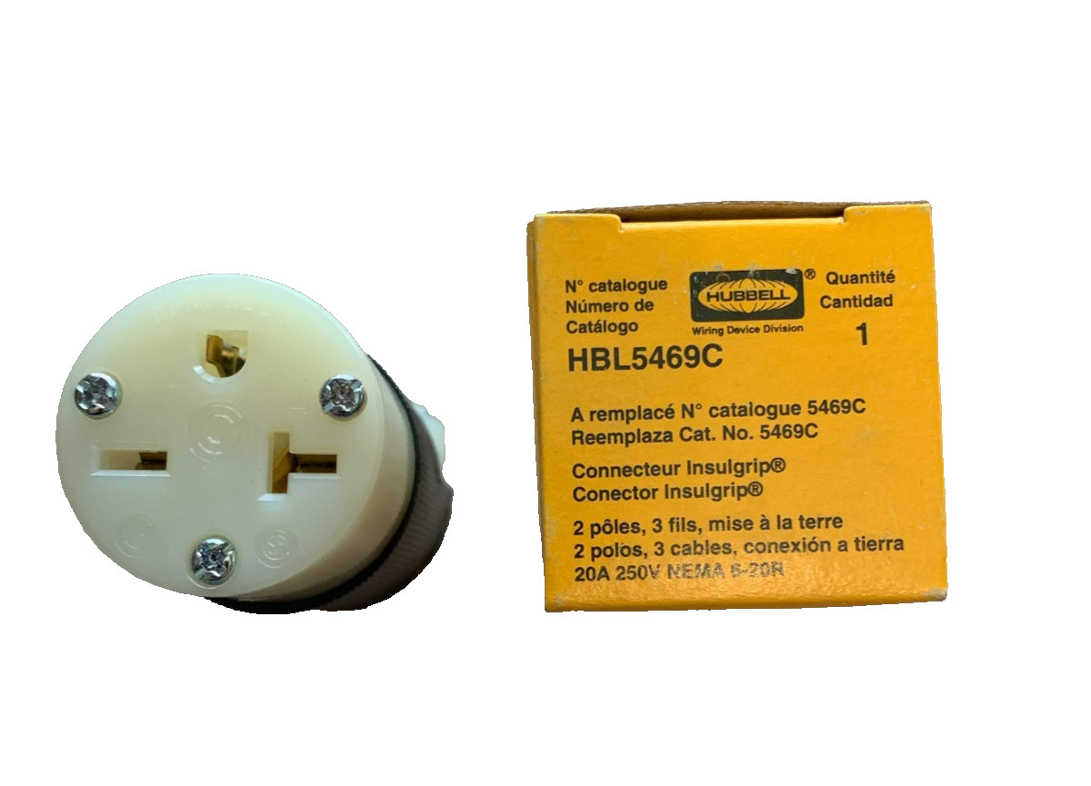 HUBBELL HBL5469C Straight Blade Connector: 6-20R, 20 A, 250V AC, 2 Poles, B/W