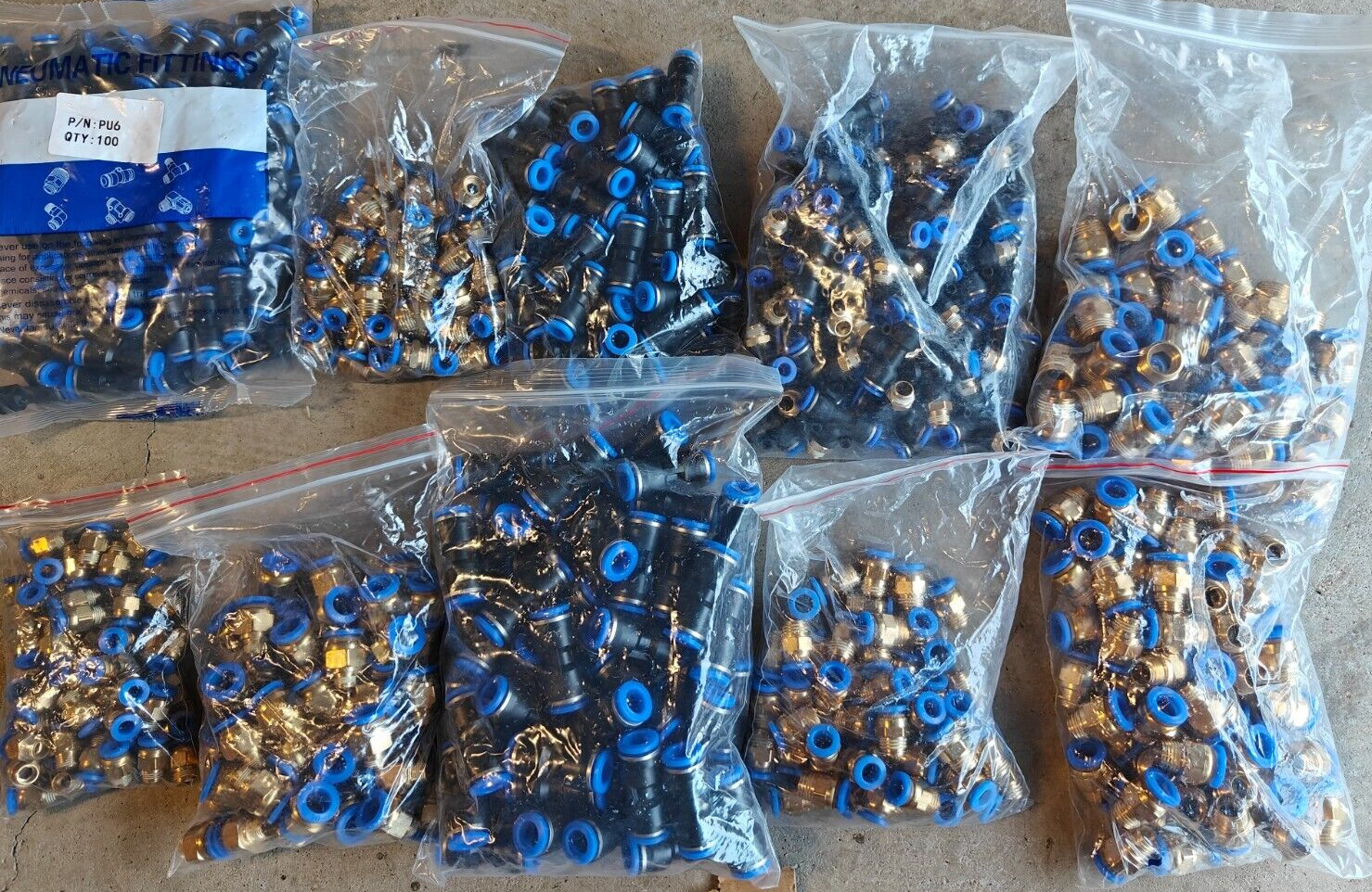Large Lot of air fittings, sizes 6mm, 8mm, 10 mm Adapters and couplings