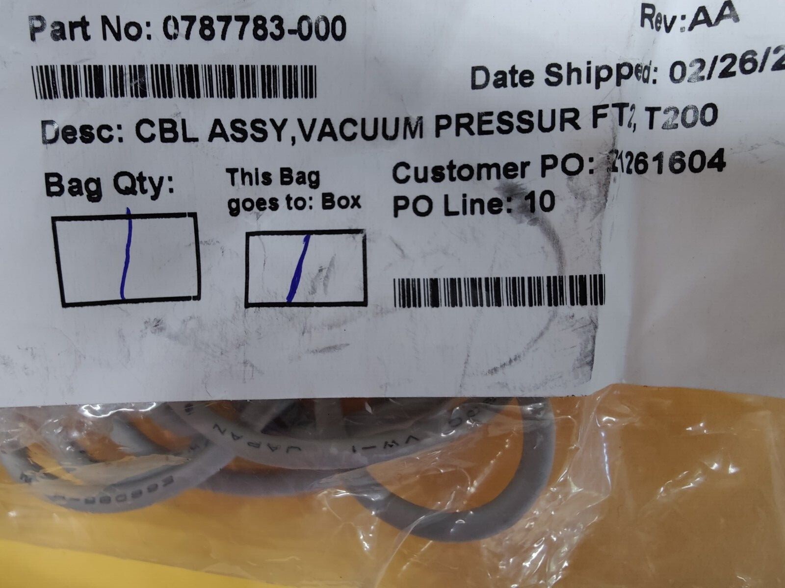 NPI SOLUTIONS 0787783-000 CBL ASSY , VACUUM PERESSUR FT2 , T200 REV:AA