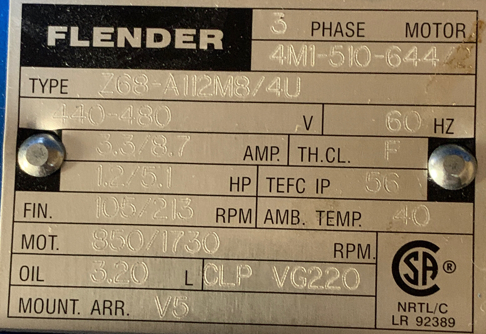 Siemens Flender 440/480V Gear Motor Z68-A112M8/ 4U, 1.2/5.1 HP, 850/1730 RPM