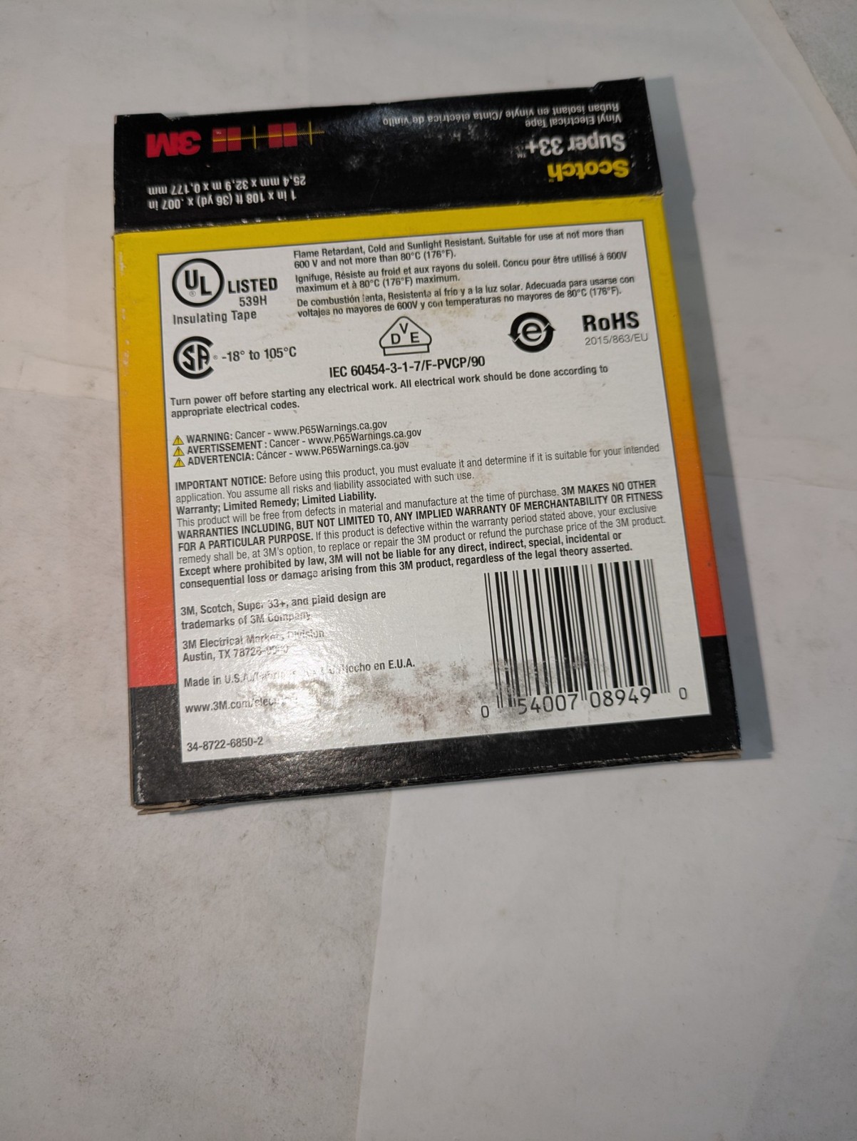 3M SCOTCH SUPER 33+ VINYL ELECTRICAL TAPE 1 IN X 108FT X .007 IN 25,4MM X 32,9MM