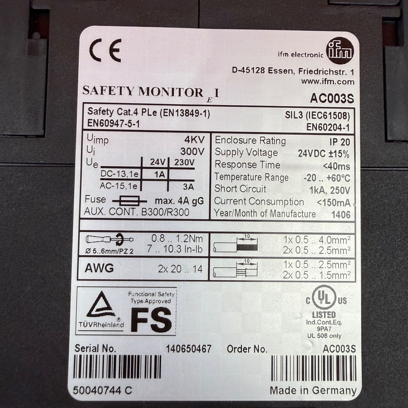 IFM Electronic AC003S AS-Interface Safety Monitor 1Ch EN60947 EN60204