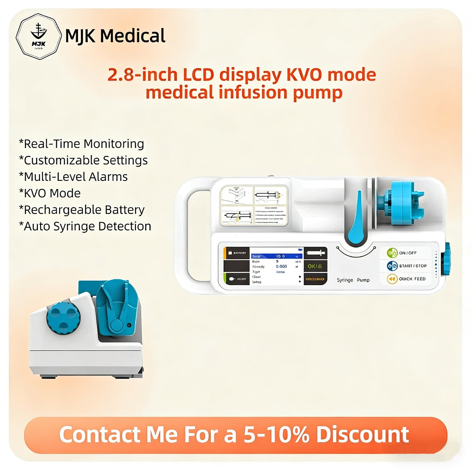 Medical Syringe Pump with 2.8″ LCD Display, Rechargeable Battery & KVO Mode