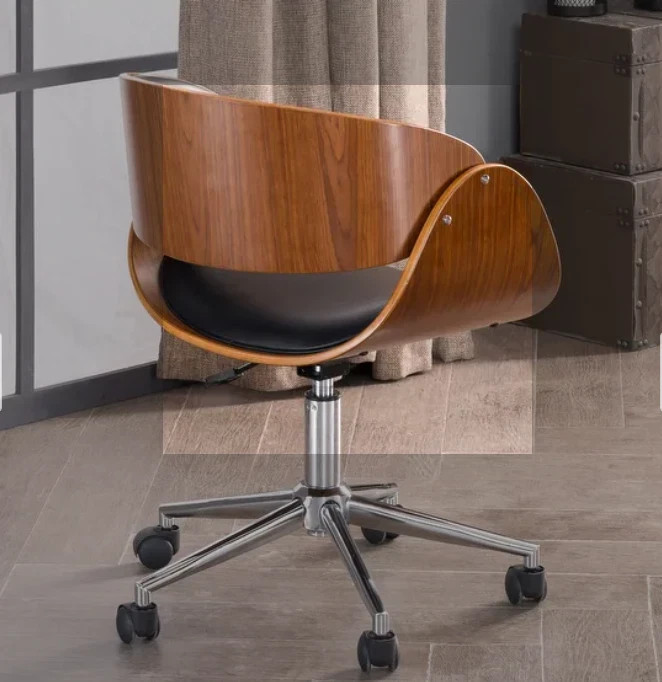 Mid-century Modern Office Chair Adjustable Black Upholstered Swivel Wood Metal