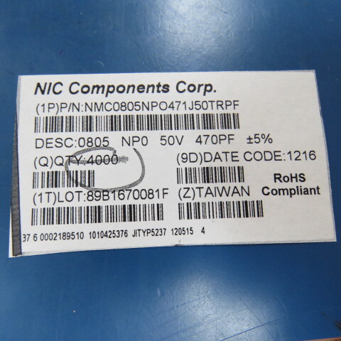 NIC COMPONENTS NMC0805NPO471J50TRPF Qty of 1625 per Lot CAP CER 470 PF 5% 0805