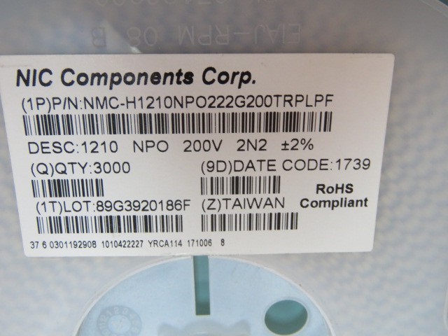 NIC COMPONENTS NMCH1210NPO222G200TRPLPF Qty of 3000 per Lot Cap Ceramic 0.0022u