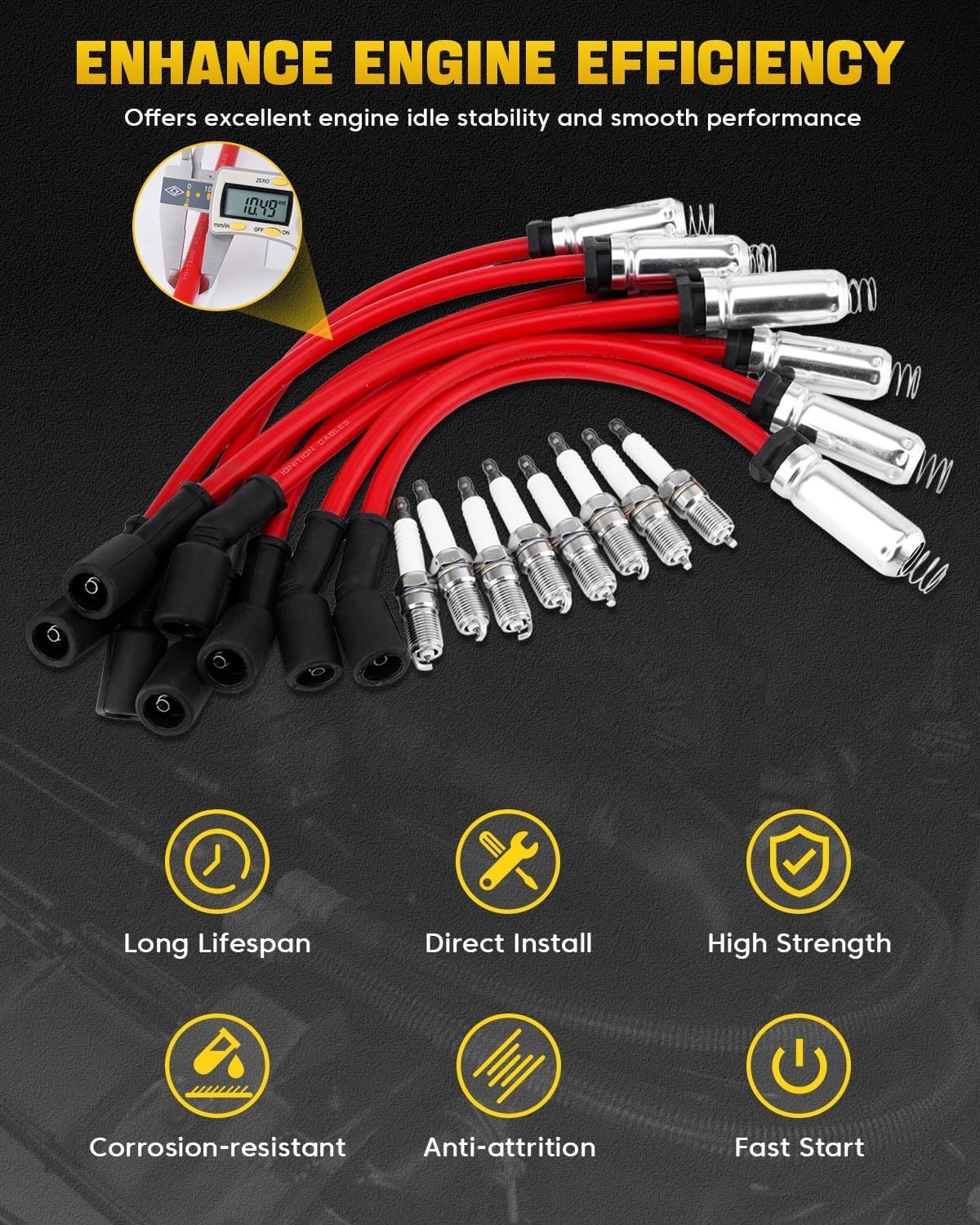 8 Iridium Spark Plugs & 10.4mm Wires Set for Chevy GMC LS 5.3 6.0 6.2 V8