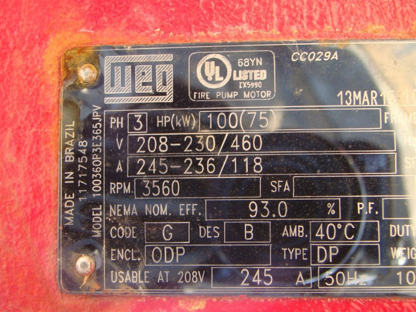 WEG 3 Phase Electric Fire Pump Motor 100 HP 3560 RPM Model 100360P3E365JPV 10276