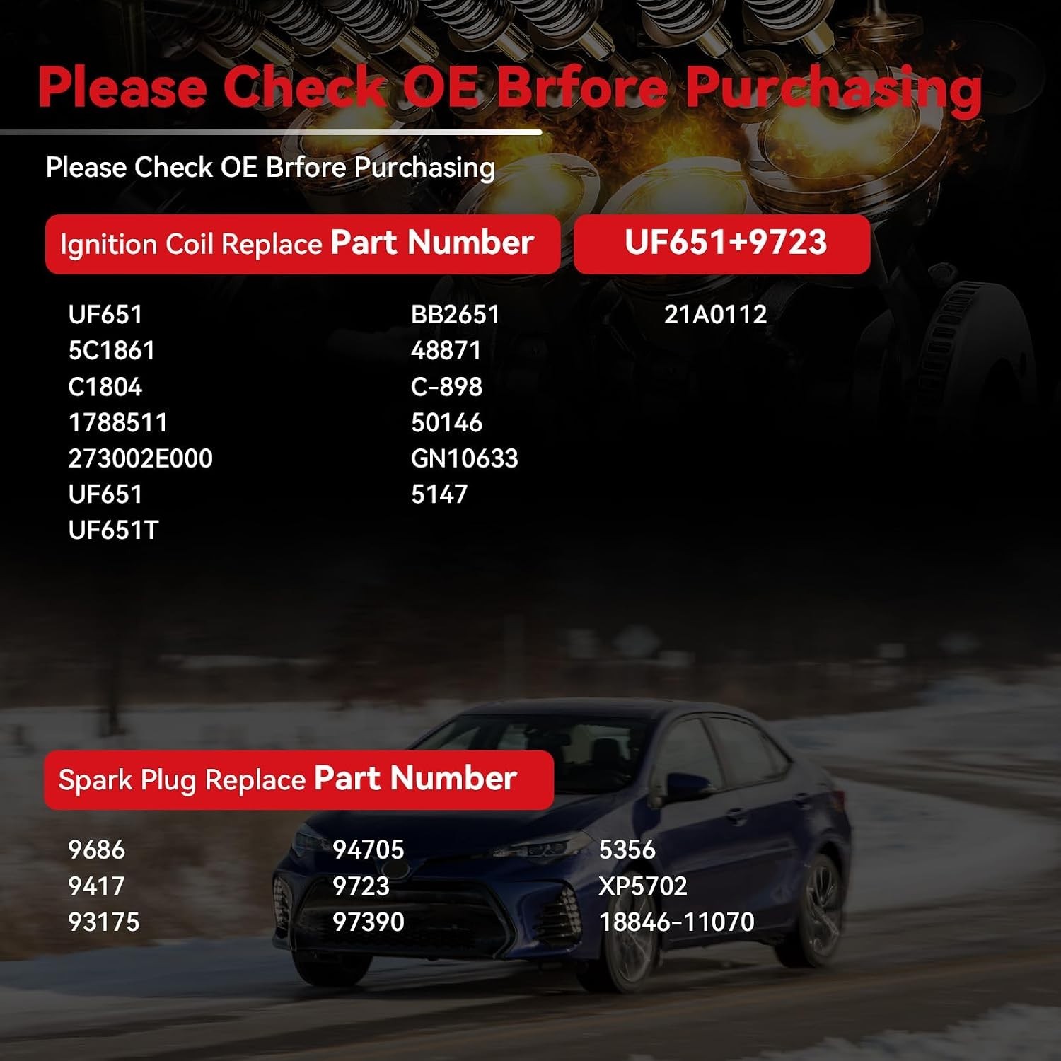 UF651 Ignition Coils & 9723 Iridium Spark Plugs Compatible with Hyundai Elantra