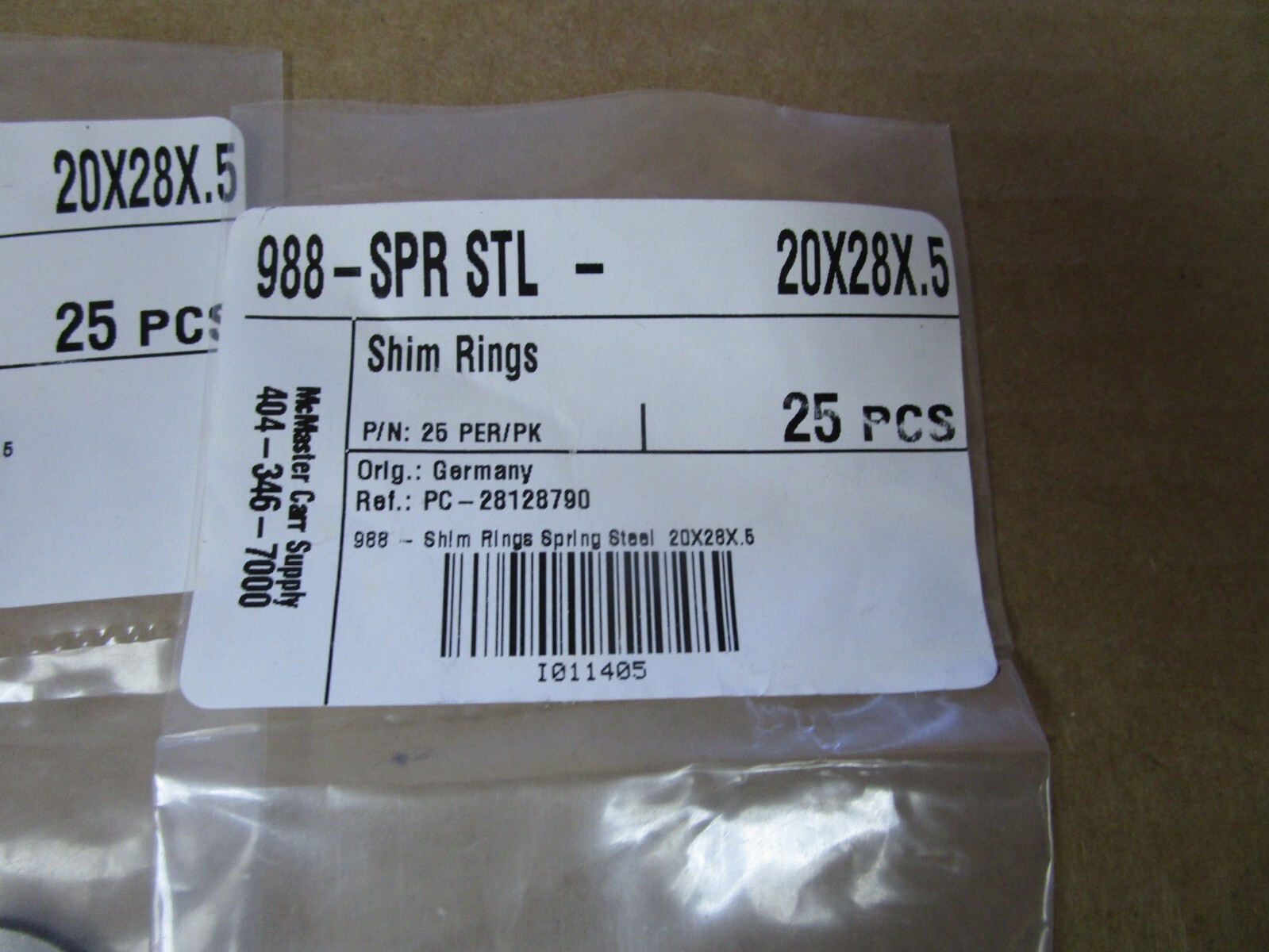 NEW LOT OF 100 McMASTER CARR SHIM RINGS 988-SPR STL-20X28X.5