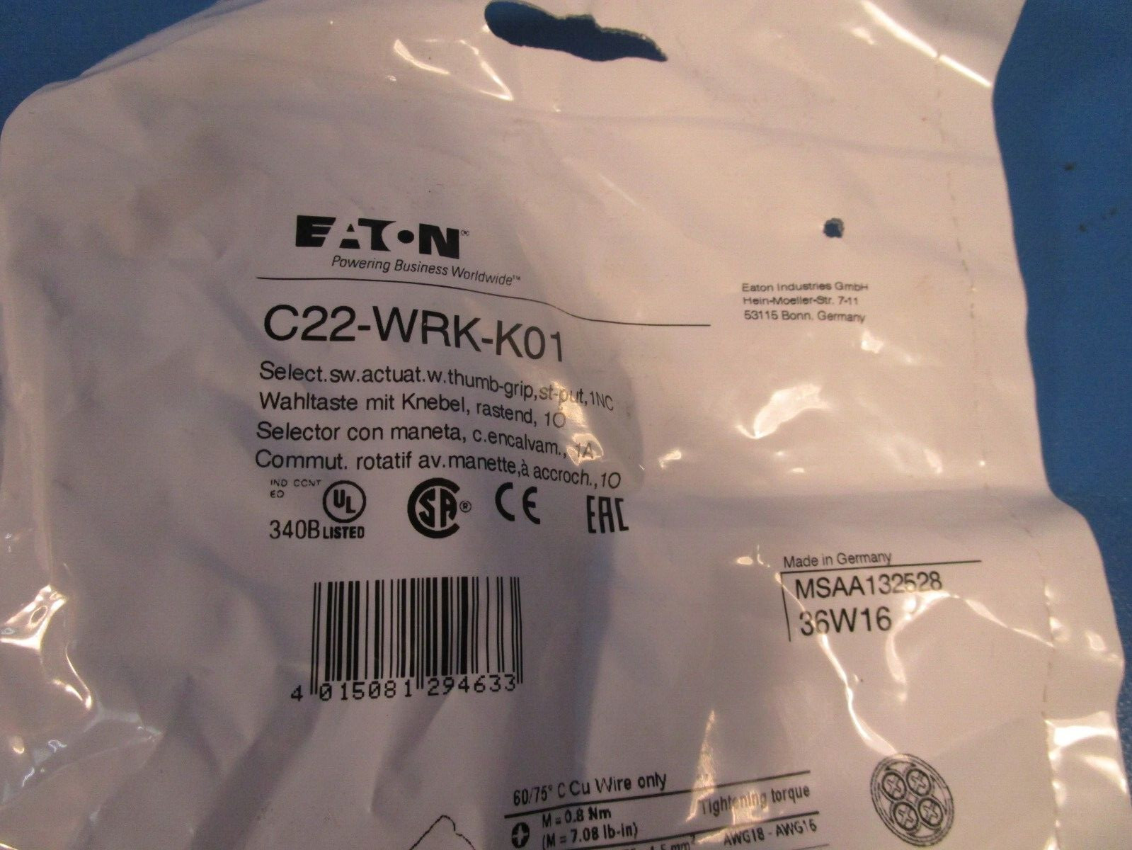 Eaton C22-WRK-K01, Selector Switch Non-Illuminated 1NC 2 Position, Cutler Hammer