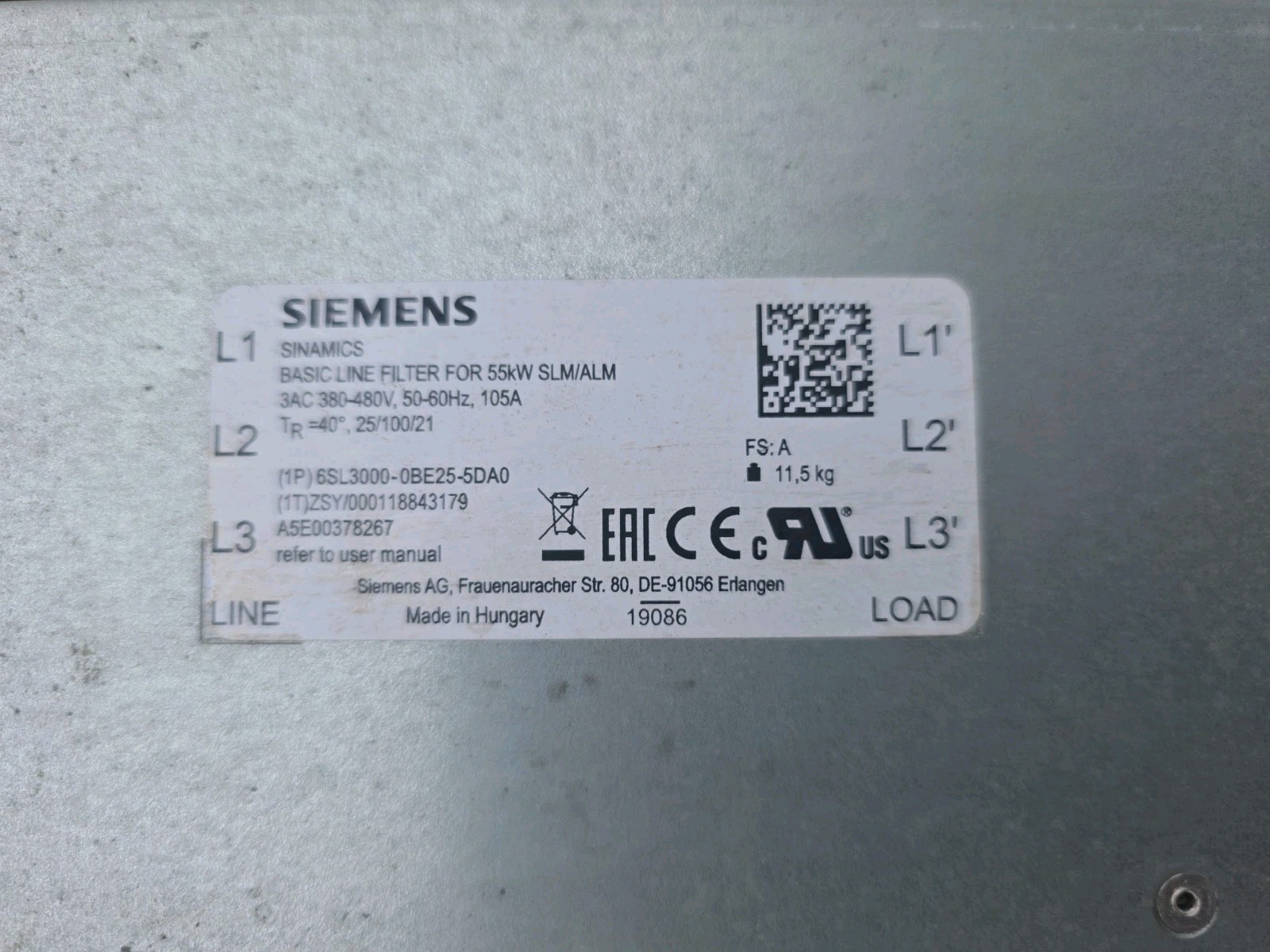 Siemens Sinamics Basic Line Filter 6SL300-0BE25-5DAO