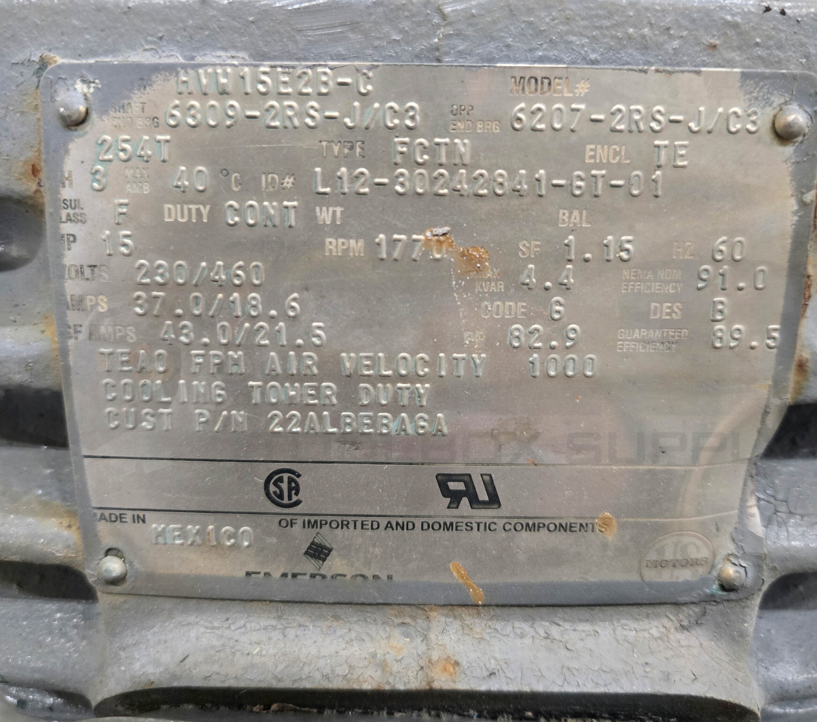 EMERSON HVW15E2B-C MOTOR 15HP 1770RPM 230/460V; 6207-2RS-J/C3 FR: 254T