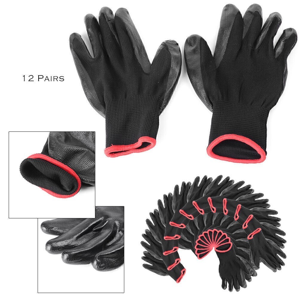 12 Pairs Nylon PU Safety Coating Working Gloves Builders Grip Palm Protective