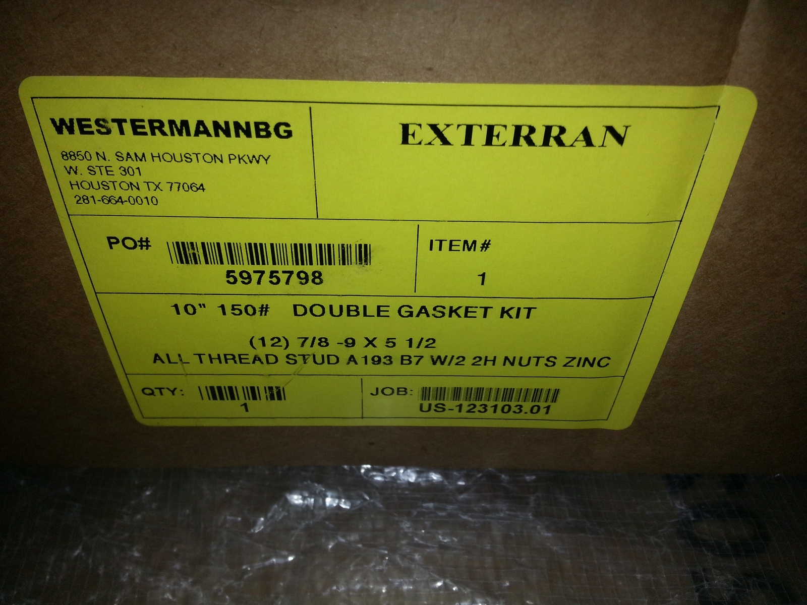 10″ 150# DOUBLE GASKET KIT (12) 7/8-9X5 1/2 THREAD STUD A193 B7W/2 2H NUTS ZINC