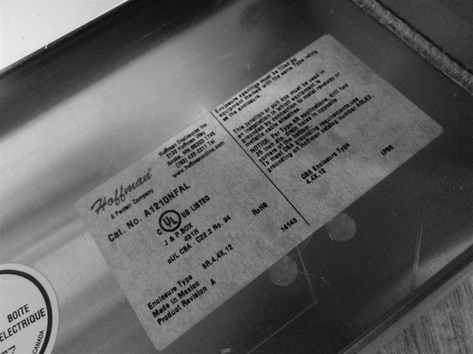 Hoffman A1210NFAL Electrical Enclosure 431H J+PBox Rev A “T” *FREE SHIPPING*