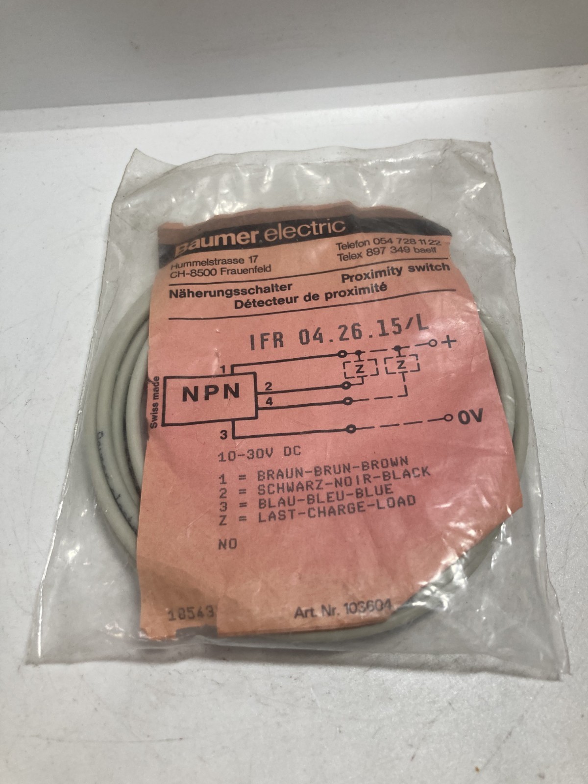 BAUMER IFR04.26.15/L PROXIMITY SWITCH 10-30VDC NIB