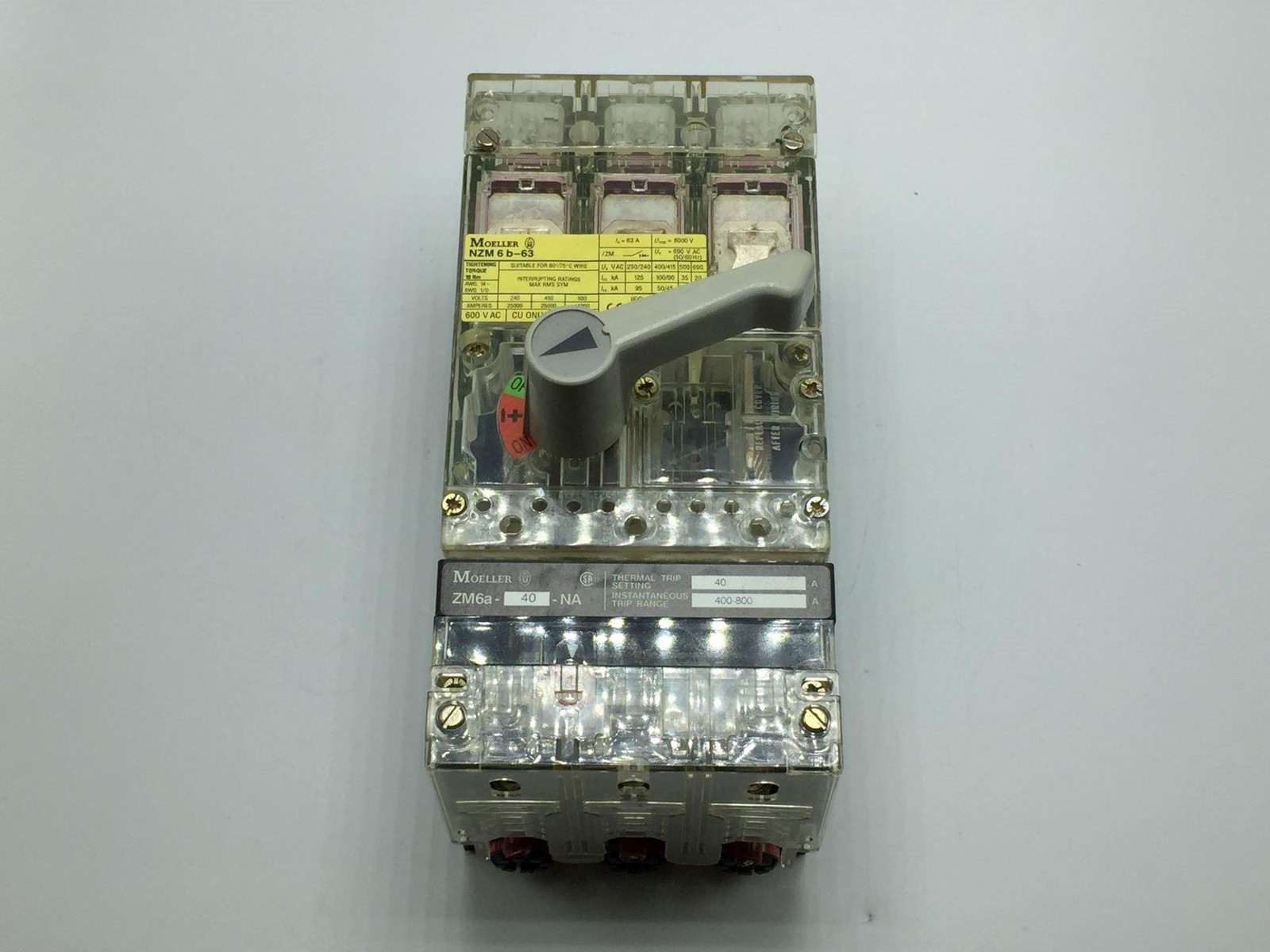 MOELLER NZM6B-63/ZM6A-40-NA CIRCUIT BREAKER 63A WITH THERMAL MAGNETIC TRIP TESTE