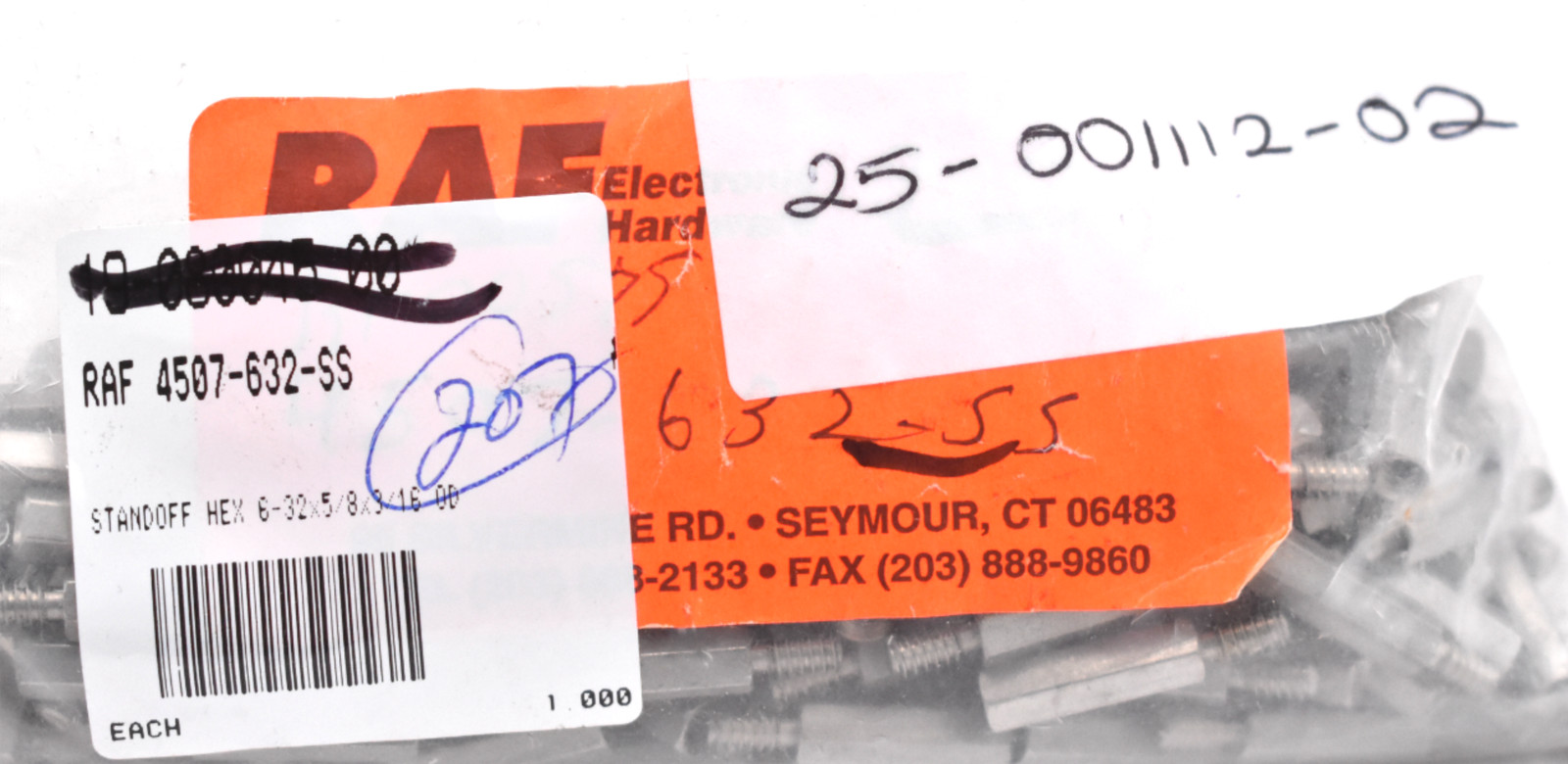RAF ELECTRONIC HARDWARE 4507-632-SS M/F STANDOFF HEX #6-32 (LOT OF 10)