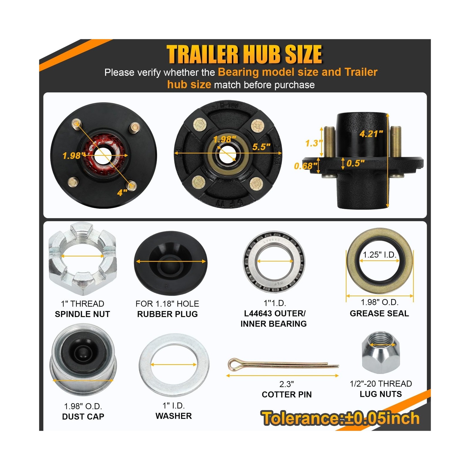 2 Sets 4 Lug Trailer Hub Kit for 2000 Lbs, for 1” BT9 Straight Axle Spindle …