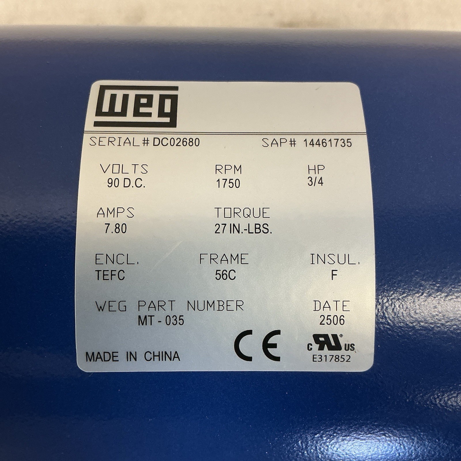 WEG MT-035 DC Permanent Magnet Motor 3/4hp 1750rpm 90V