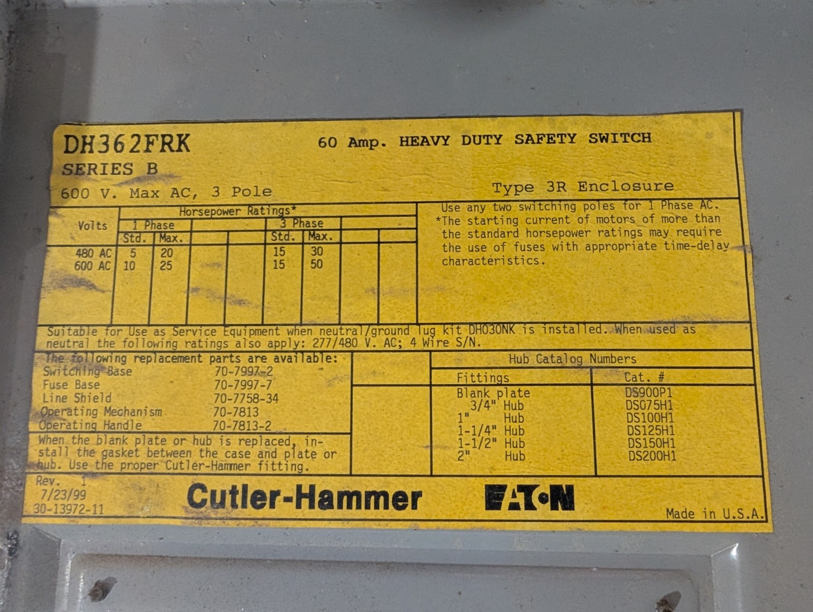 USED 60A Cutler Hammer DH362FRK Fusible Safety Switch 600VAC 3R Enclosure
