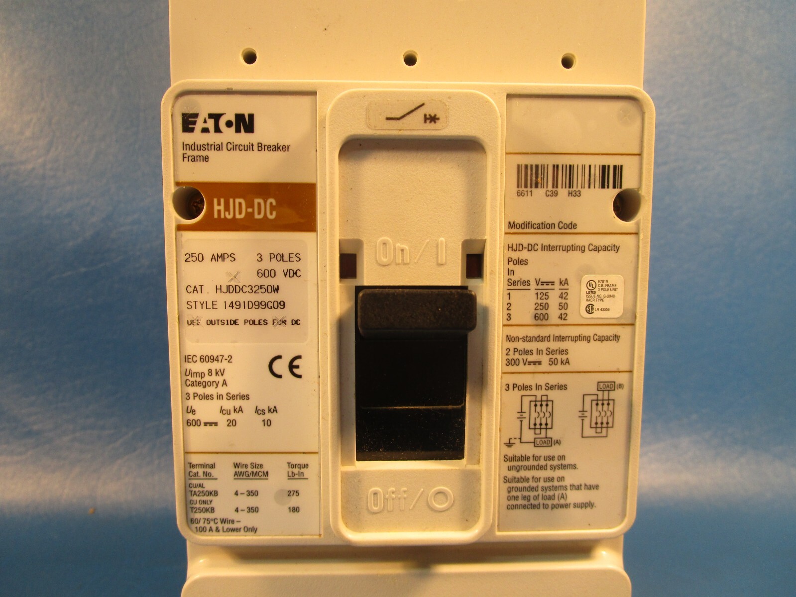 Eaton HJDDC3250W, Molded Case Breakers (MCCBs) 3P 250A 600V 50/60Hz 3Ph J Frame