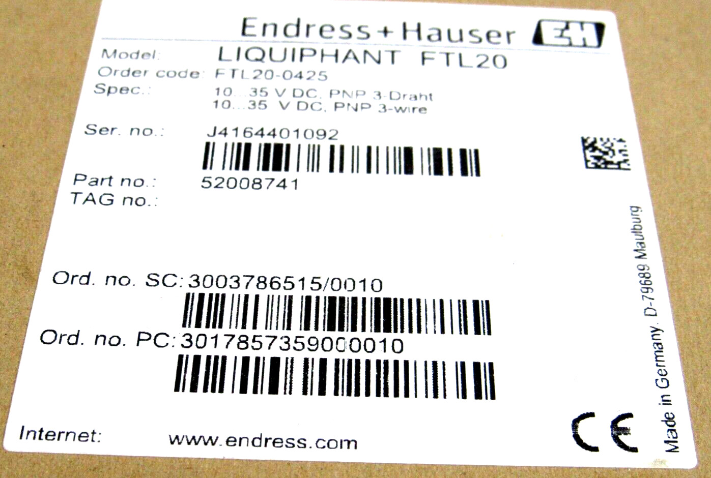 NEW ENDRESS & HAUSER FTL20-0425 LEVEL SWITCH LIQUIPHANT FTL20