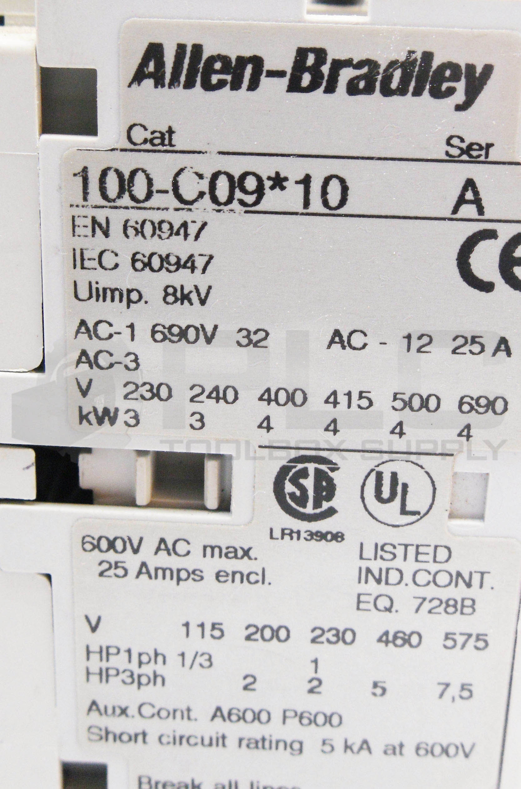 ALLEN BRADLEY 100-C09*10 /A CONTACTOR 600VAC 25A 110-120V 50/60HZ(QUANTITY)