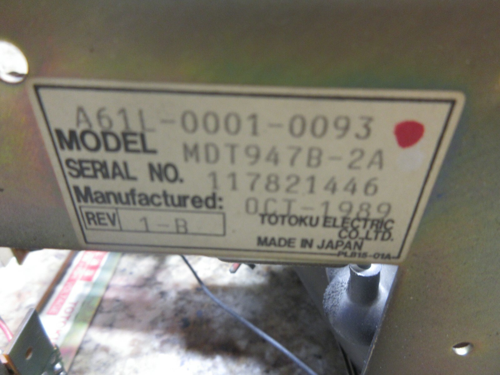 TOTOKU DISPLAY MONITOR A61L-0001-0093 MDT947B-2A 117821446 OCT-1989 1-B