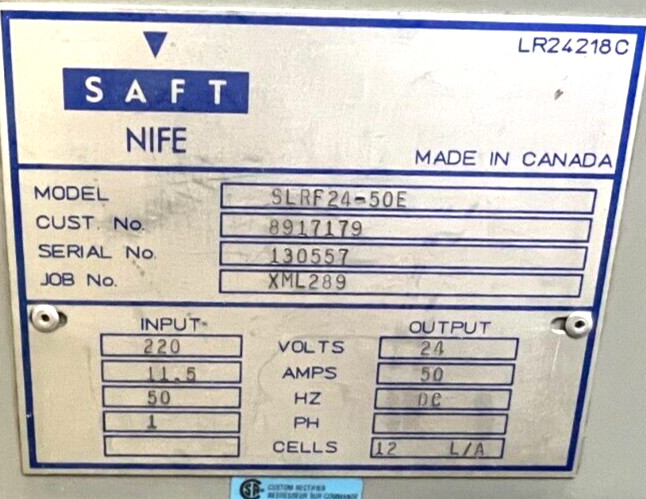 SAFT NIFE BATTERY CHARGER MANUAL MODEL SLRF24-50E OAL 24″ WIDTH 15-5/8″