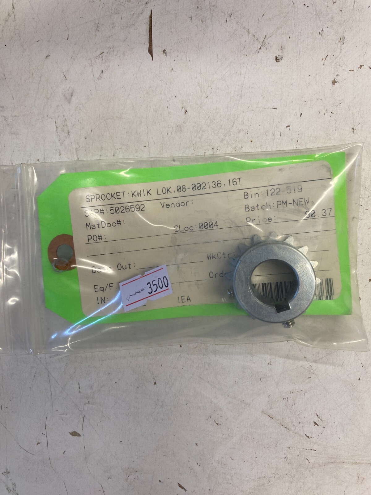 Kwik-lok Bag Closure 08-002136 16T gear drive wheel Motor Sprocket