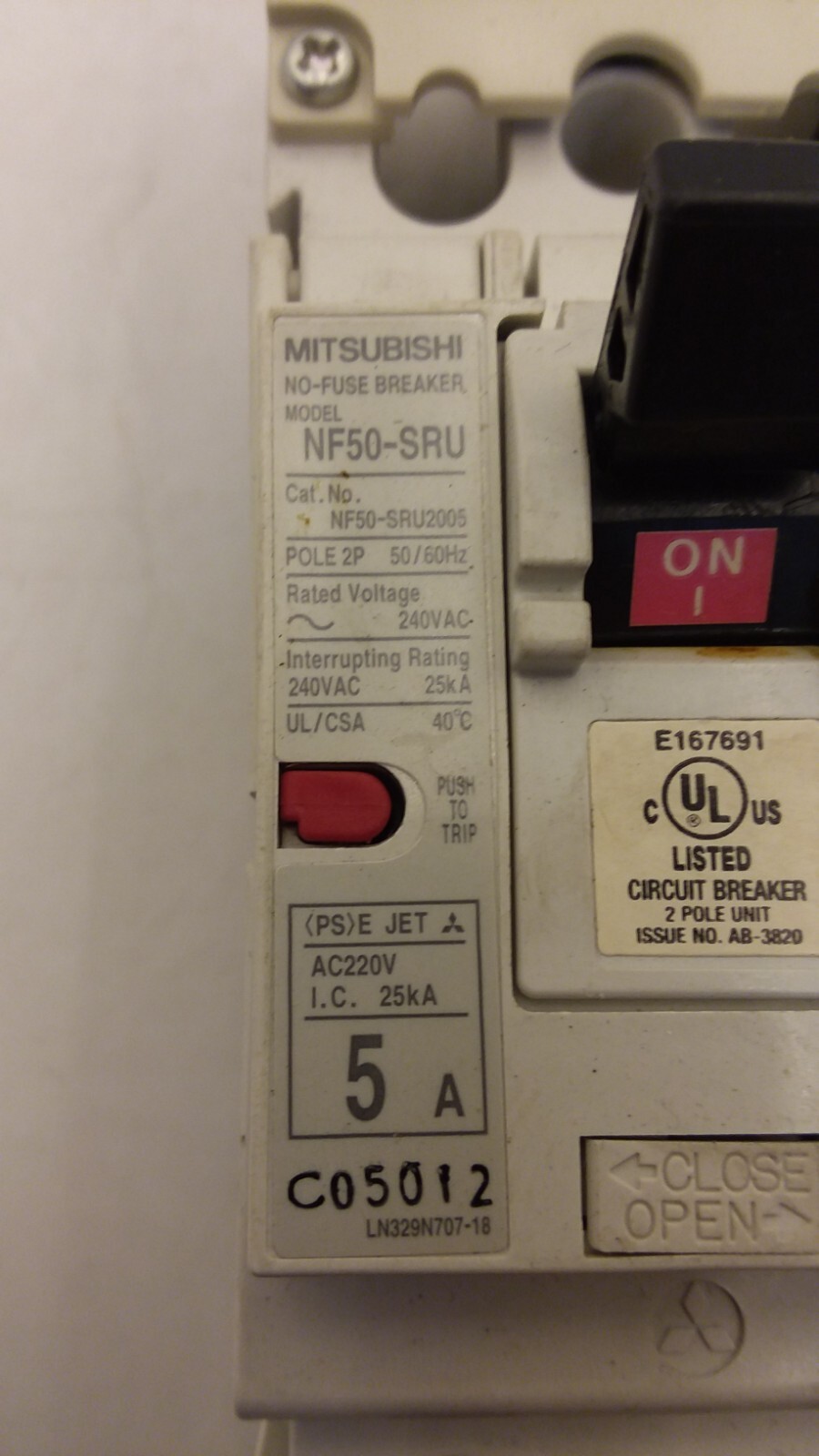 MITSUBISHI ELECTRIC NF50-SRU2005 CIRCUIT BREAKER 2 POLE 240VAC 50/60HZ 5AMPS NNB