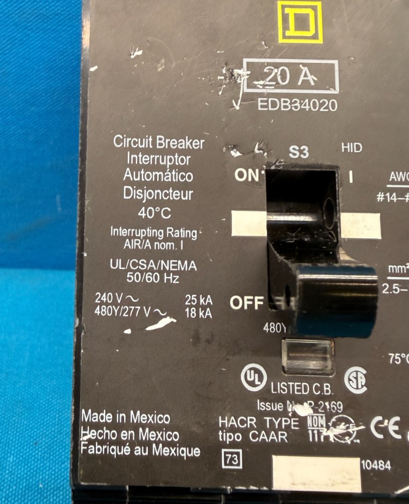 Square D EDB34020 Circuit Breaker 20A 3P 480Y/277V Bolt-On Schneider