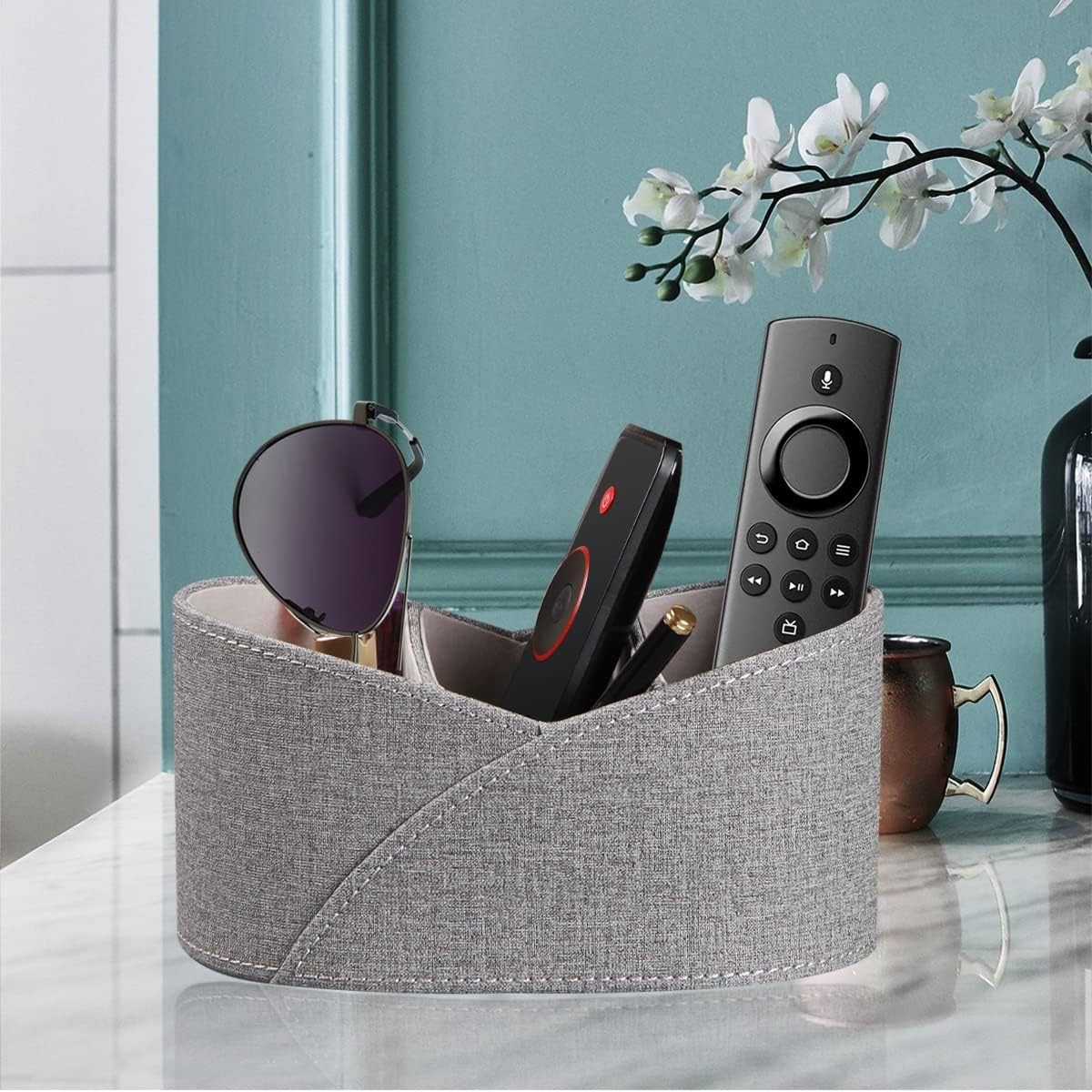 PU Leather Remote Control Holder with 3 Compartments, Remotes Holder, Grey