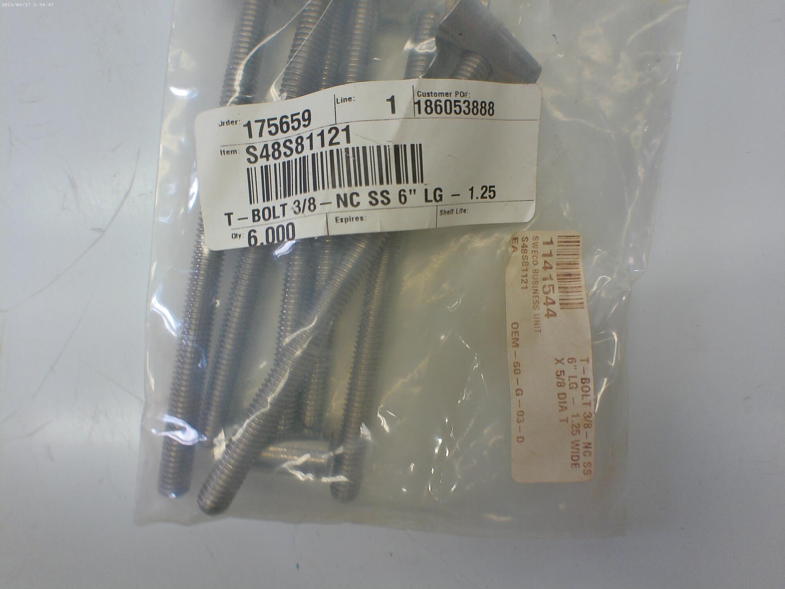 SWECO S48S81121 3/8-NC SS 6″ T-BOLTS PKG OF 6 NSNP