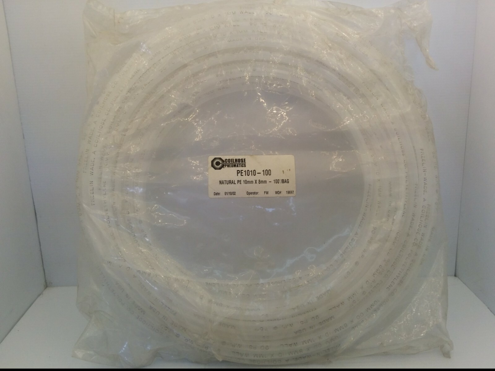 COILHOSE PNEUMATICS PE1010-100 NATURAL PE 10mm x 8mm x 1mm – 100′ BAG 90 PSI NIB