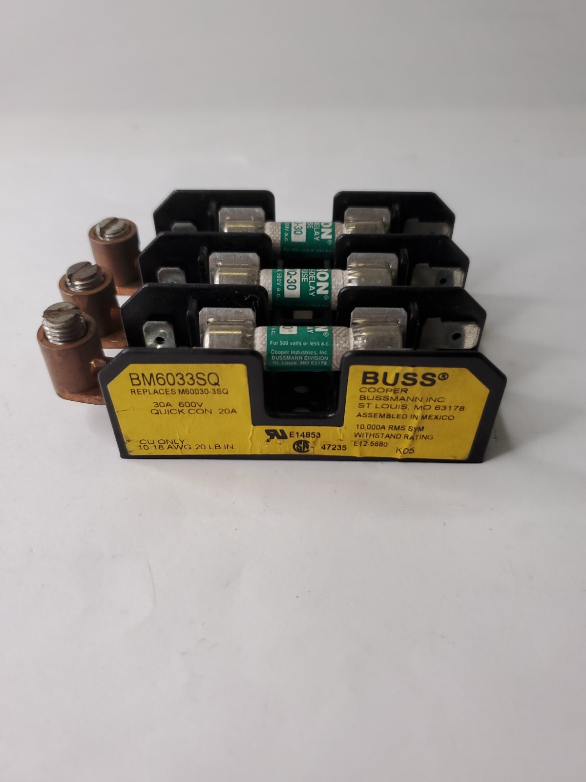 BUSSMANN FUSE BLOCK BM6033SQ M60030-3SQ 30A 600V TRON FNQ-30 FUSES 500VAC