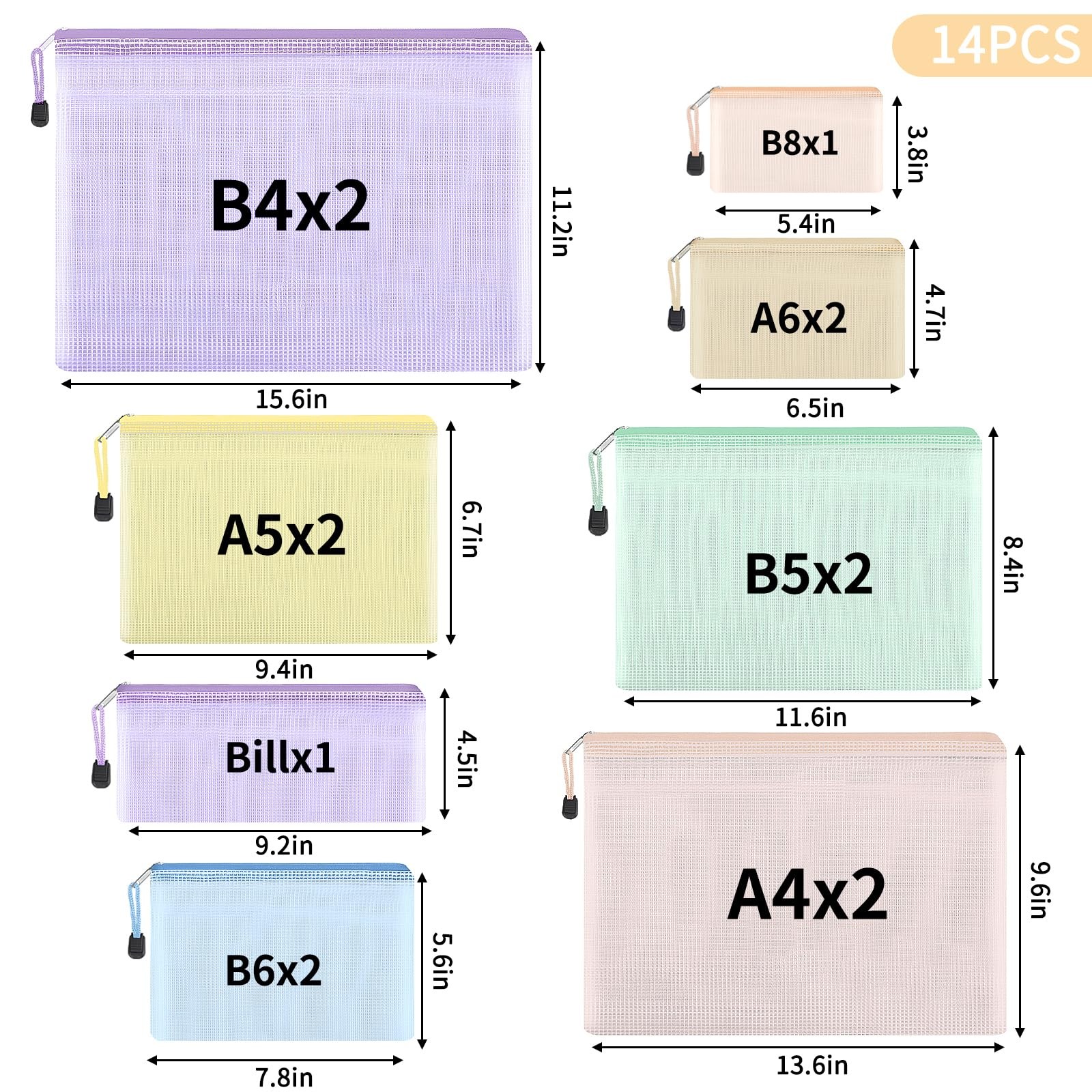 EOOUT 14pcs Mesh Zipper Pouch, 8 Sizes Waterproof 8 sizes, 7 Colors