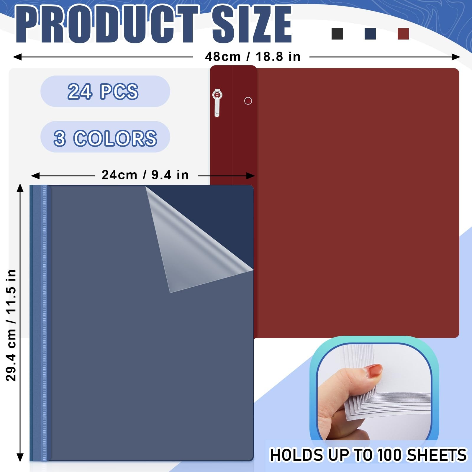 Teling 24 Pcs Clear Front Report Covers with 3 Prongs Presentation Folders Plast